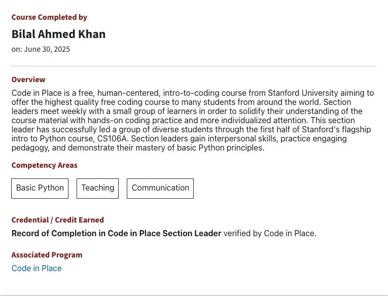 Bilal volunteering as a Section Leader in Stanford Code in Place